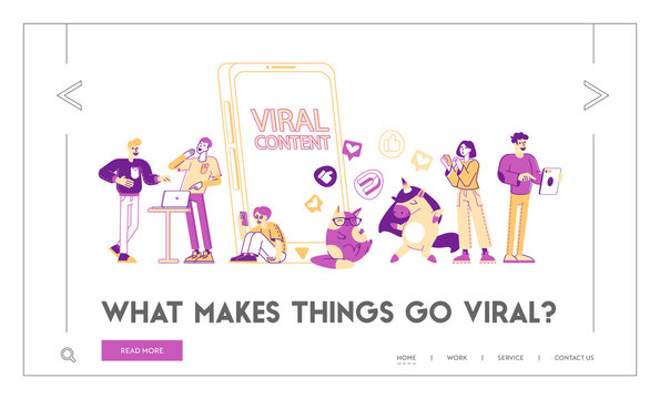 Viral Content Landing Page Template. Tiny Characters at Huge Mobile with Funny Unicorn and Cat. Social Media Blogging, Movie Streaming, Online Network Likes. Linear People Vector Illustration