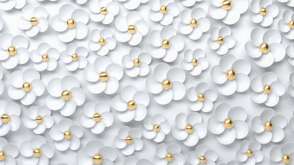 Abstract scene with white and golden flowers on white background. Beautiful decorative backdrop. 3d render © Kyrylo Ryzhov