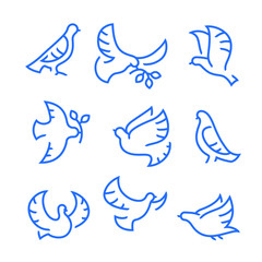 Fototapeta premium Dove of Peace Icons Set. Flying Birds with Branch and Leaves, Peace or Pacifism Concept. Free Flying Symbol, Simple Signs for Presentation, Training, Marketing, Web Design. Linear Vector Illustration
