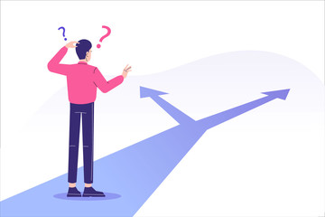 Confused man standing at crossroads. Difficult choice between two options. Decide dilemma. Solve problem. Alternatives or opportunities. Making decision concept. Choose pathway. Vector illustration
