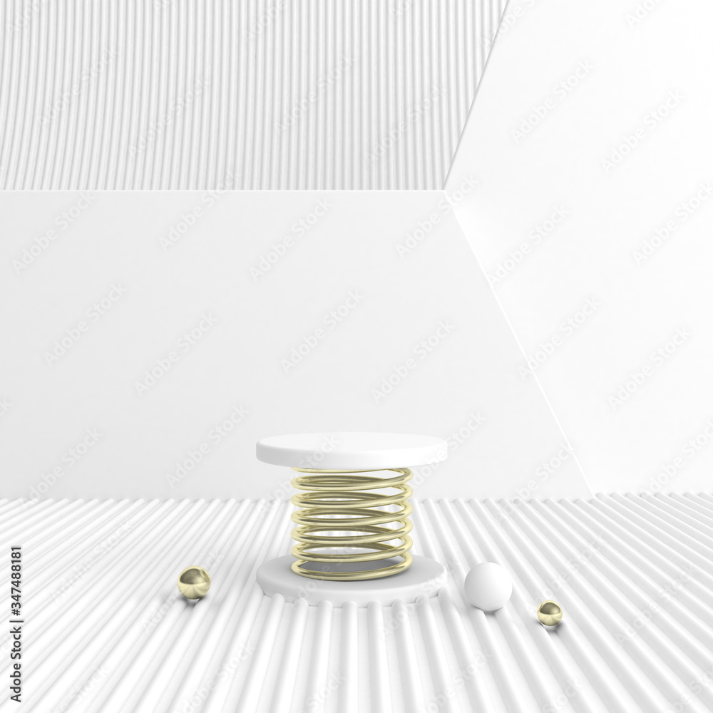 Aufkleber Minimal abstract scene with round empty  podium with gold spring , Architectural mock up design with geometric form in pastel color, Product presentation. 3D rendering.
