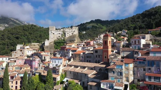 France, Nice, Aerial view of the hilltop village of Roquebrune Cap Martin.