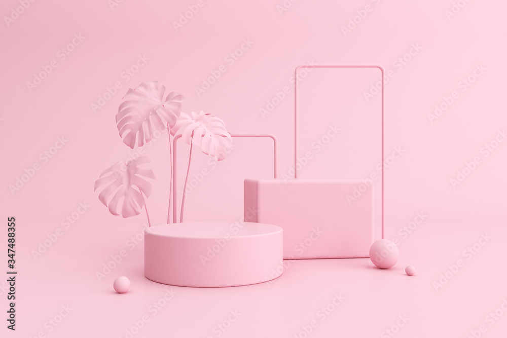 Poster minimal abstract scene with round podium and pink monstera plant, architectural mock up design with 