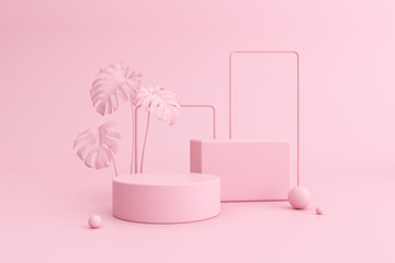 Minimal abstract scene with round podium and pink monstera plant, Architectural mock up design with geometric form in pastel color, Product presentation. 3D rendering. © nuchao