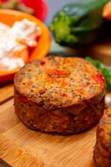 Tasty vegetarian food, burgers with Greek feta cheese, sweet red paprika, green olives and zucchini