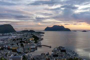 Panorama over aalseund city from the viewpoint Aksla during sunset hours