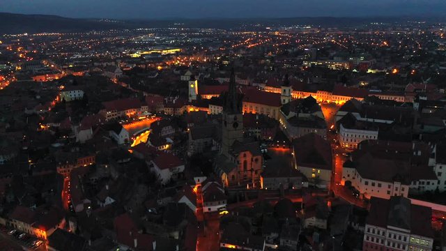 Evening aerial view of Sibiu, Romania, night city view