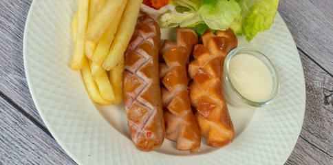 Fried Sausages with salads