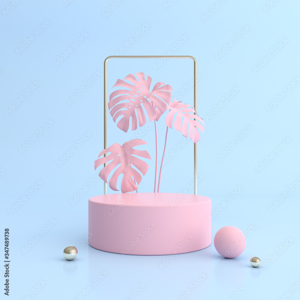 Poster Minimal abstract scene with round podium and pink monstera plant, Architectural mock up design with geometric form in pastel color, Product presentation. 3D rendering.