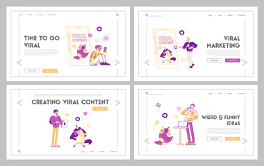 Viral Content Spreading Landing Page Template Set. Characters at Huge Smartphone with Funny Cat and Unicorn on Screen. Thumb Up and Magnet, Followers Attraction, Feedback. Linear Vector Illustration