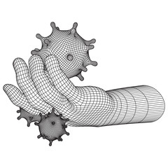 Human Arm Hand with Corona Virus virion of Coronavirus. Connection structure. Vector low poly wireframe mesh illustration