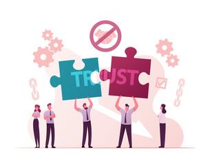 Men Characters Share Puzzle Pieces with Word Trust. Violation of Agreements and Promises, Lose Credibility. Failed to Maintain Professional Reputation Lie and Cheat. Cartoon Vector People Illustration