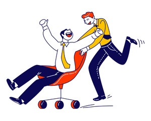 Obraz premium Male Characters Fooling Take Part in Chair Racing in Office. Business People Engage Colleagues Competition Shouting and Gesturing while Riding Armchair, Corporate Lifestyle. Linear Vector Illustration
