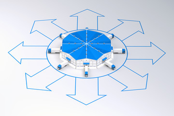 warehouse with trucks and direction arrows