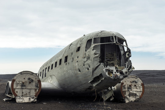 United states dc3 cargo plane wreck at Solheimasandur black lava beach in Iceland.