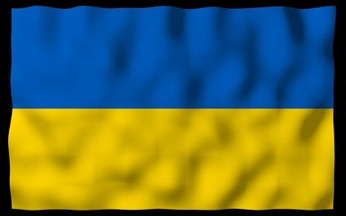 The flag of Ukraine on a dark background. National flag and state ensign. Blue and yellow bicolour. 3D illustration waving flag