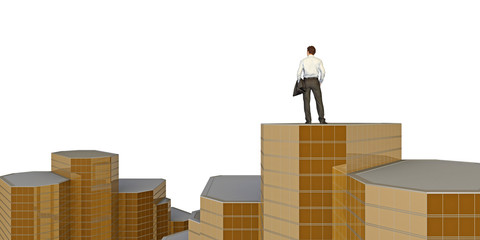 businessman stands on the roof of group of skyscrapers