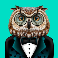 Owl. Creative, colorful, hand-drawn portrait Owl with glasses and bow tie dressed in a tuxedo on a turquoise background.