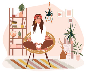 Stylish Scandic living room interior - sofa, armchair, coffee table, plants in pots, lamp, home decorations. Cozy Autumn seasone. Modern comfy apartment furnished in Hygge style, bohemian style