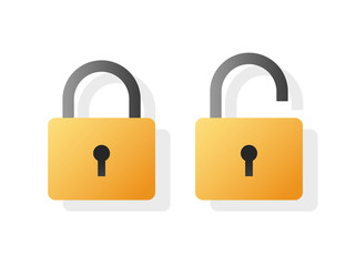 Padlock open and lock closed flat vector icon cartoon isolated, illustrated color unlocked and locked padlocks symbols modern trendy design image
