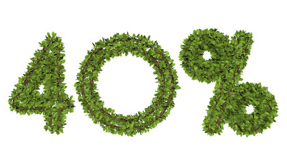 3D render text in 40 percent on white background. Leaf style text.