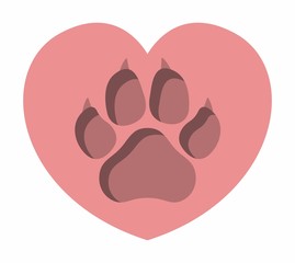 3D imprint of a dog's paw on a pink heart. Symbol of love for dogs. Animal protecting community. Vector flat design.