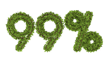 3D render text in 99 percent on white background. Leaf style text.