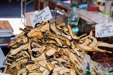 Nice, France, 24th of February 2020: Dry mushrooms for sale at market: boletus edulis, pleurotus