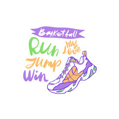 Vector illustration for basketball. Typography design on a white background. Sneaker and the inscription.