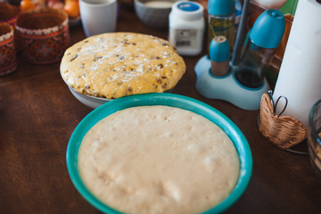 milk and cookies on wooden table
