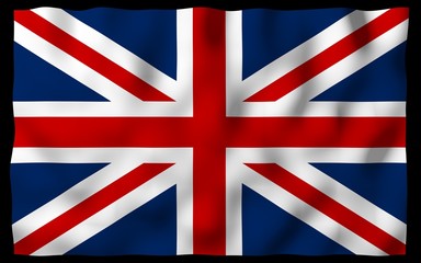 Waving flag of the Great Britain on dark background. British flag. United Kingdom of Great Britain and Northern Ireland. State symbol of the UK. 3D illustration