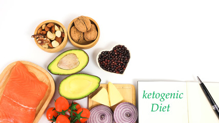 Keto, ketogenic diet with nutrition  notebook plan as low carb, high fat healthy weight loss meal plan concept on white background