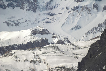 Closeup of a glacier, snow and rocks of San José vulcano viewed from Lo Valdés Valley, Cajón del...