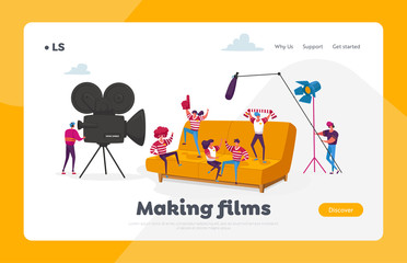 Tiny Characters Make Movie Landing Page Template. Operator Using Camera, Staff with Professional Equipment Recording Film about Sports Team and Fans on Huge Sofa. Cartoon People Vector Illustration