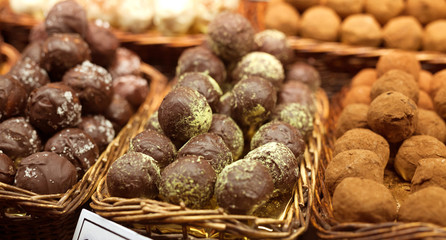 chocolate truffle balls on market counter
