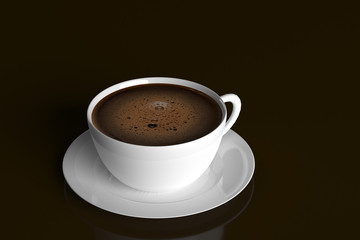 White mug with coffee on a dark plane