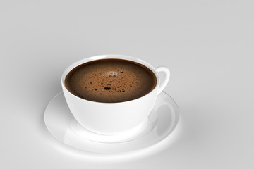 White mug with coffee on a white plane
