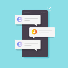 Online chat messages on mobile phone screen or smartphone chatting sms bubbles vector flat cartoon, illustrated isolated cell phone with push messenger web comments modern design clipart