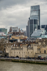 The Tower of London with skyscrapers in background