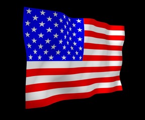 Waving flag of the United States of America on a dark background. Stars and Stripes. State symbol of the USA. 3D illustration