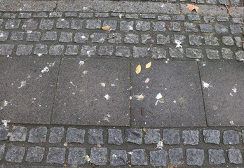 Dirty pavement with different grey paving slabs, background with copy space