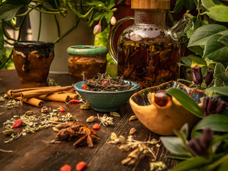 Preparation of the tea ceremony, tea in the bowl. Handmade cups
