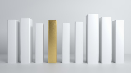 Conceptual abstract image of one golden domino brick among white blocks. Concept of leadership, success and achievements in business and life. 3d render