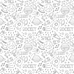 Space planets asteroids rocket ufo meteorite star night sky. Vector seamless pattern. Space travelling flight. Illustration in doodle style. For printing on paper fabric social media post web banner
