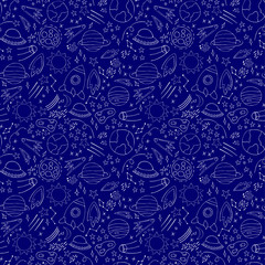 Space planets asteroids rocket ufo meteorite star night sky. Vector seamless pattern. Space travelling flight. Illustration in doodle style. For printing on paper fabric social media post web banner  © kartinka13