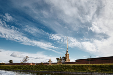 Architecture panorama of St Petersburg, Russia- architecture ensemble of Peter and Paul fortress and Neva river in sunny autumn day. Autumn architecture view of St Petersburg landmark in sunny weather