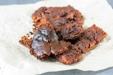 Burned pie (chocolate cake) on baking paper. Failed food. Unsuccessful failure cooking in kitchen....