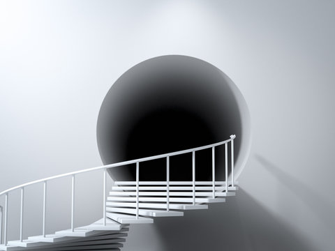 Abstract Scene With White Spiral Staircase Leading To Black Hole Or Tunnel In Wall. Concept Of Exploration, Uncertainty And Doubts. 3d Render