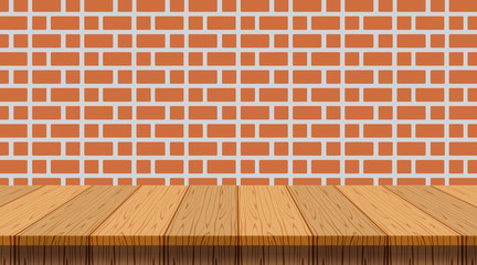 empty wood table, retro wall brick for copy space, counter wood table on rustic wall brick, wooden table for display mockup, wood tabletop desk for shelf place product, wooden plank of kitchen counter