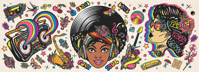 Funk music. Old school tattoo vector collection. African American young funky woman. Soul party hippie girl, saxophone, guitar and retro rainbow boom box. Traditional musical tattooing style - obrazy, fototapety, plakaty